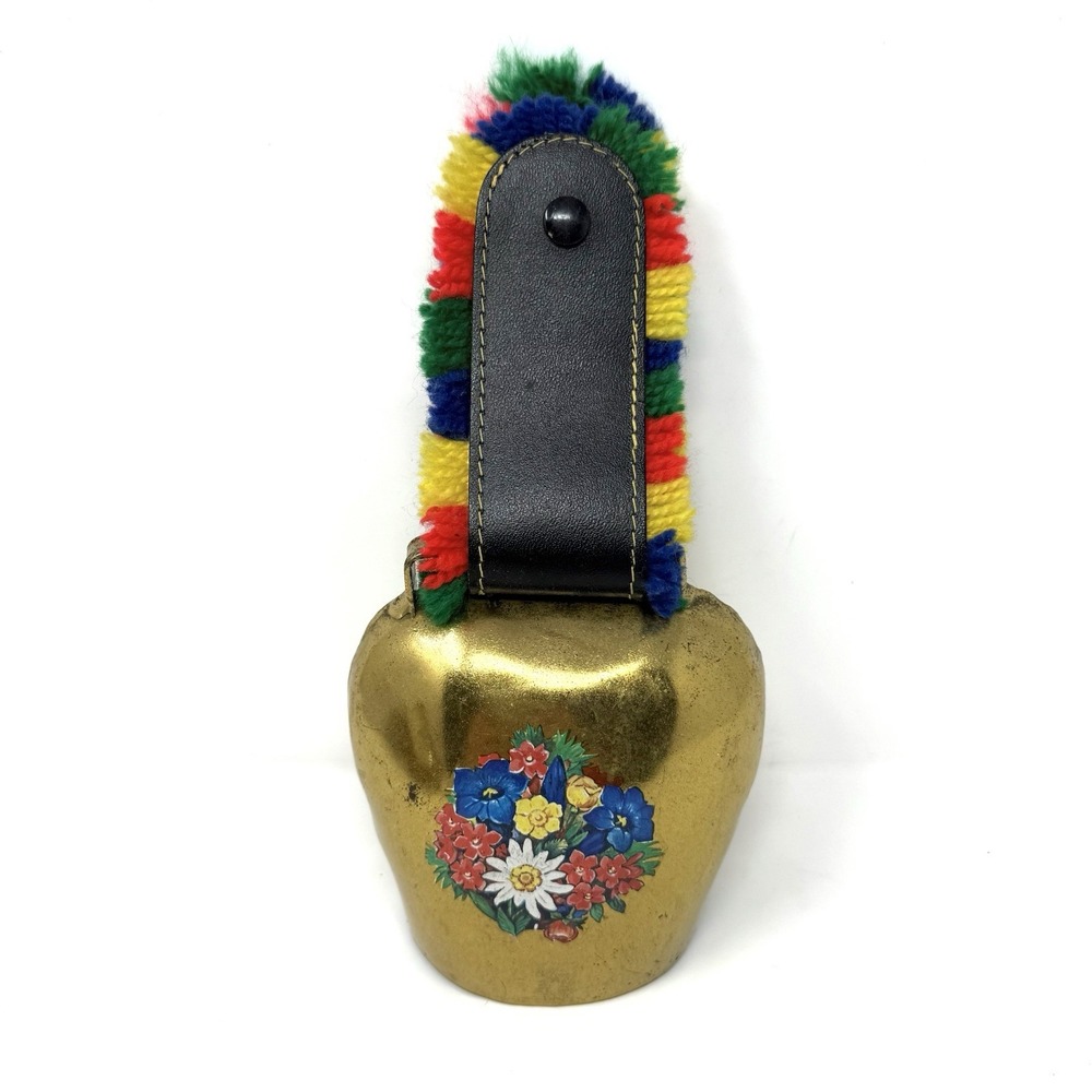 Switzerland Floral Brass Cow Bell w Floral Fringed Leather Strap ~10" Long‎
